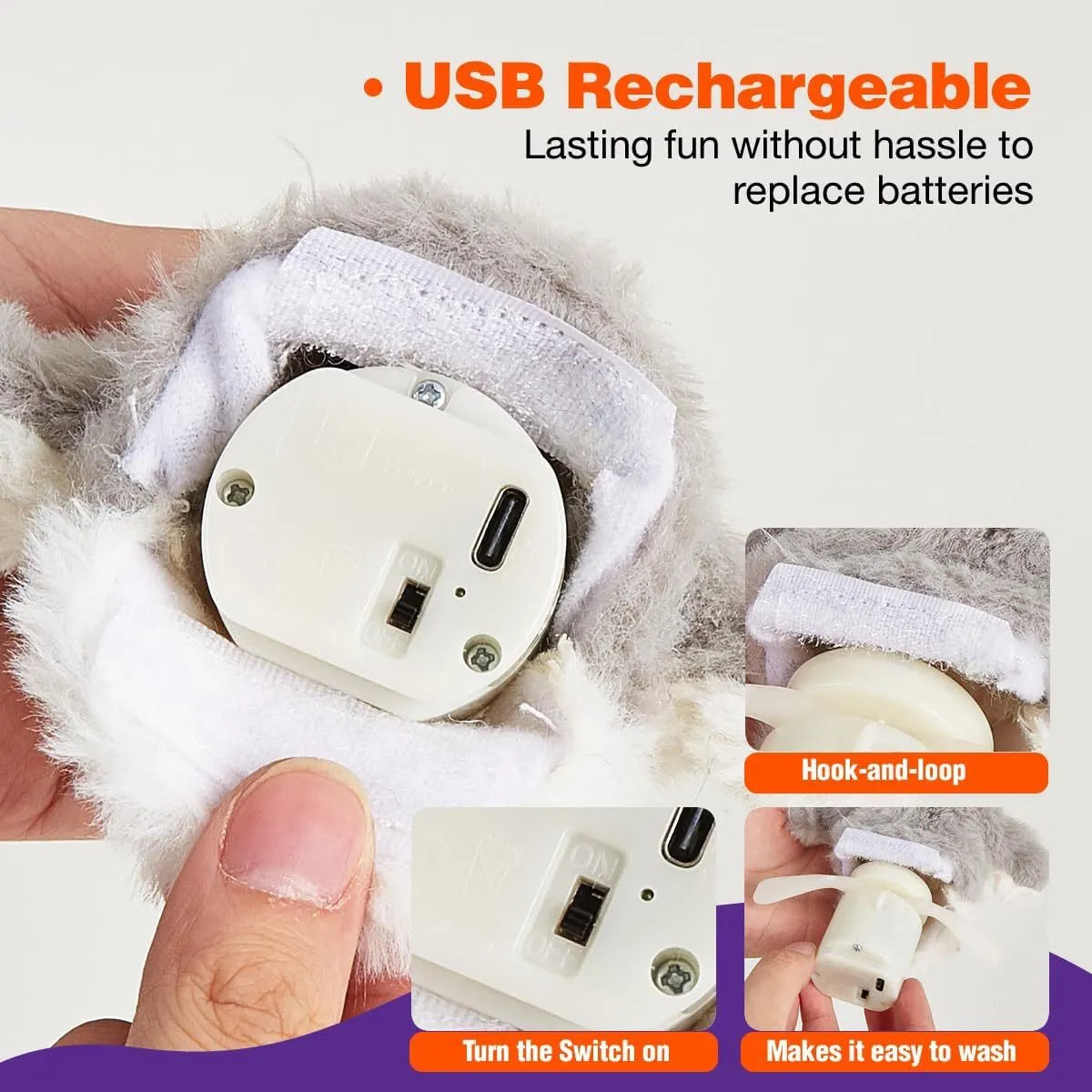 Grey rechargeable automatic owl cat toy with flapping wings for indoor cats