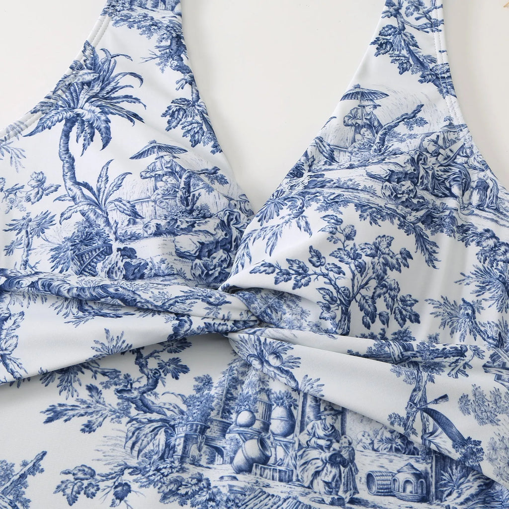 Women's conservative vintage print one-piece swimsuit with short sleeves in polyester fabric