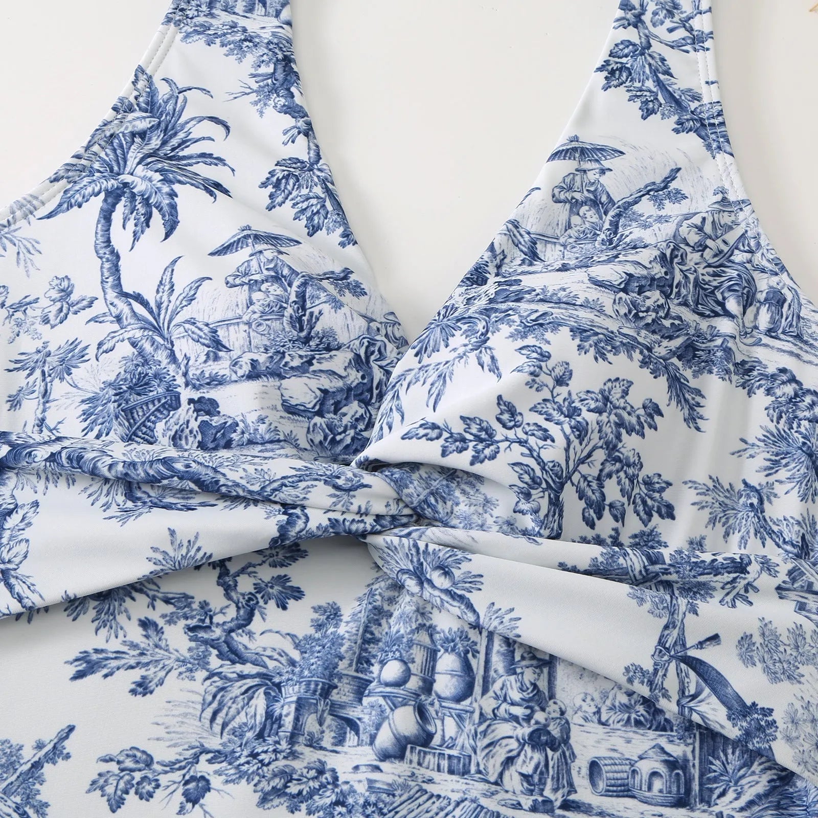 Women's conservative vintage print one-piece swimsuit with short sleeves in polyester fabric