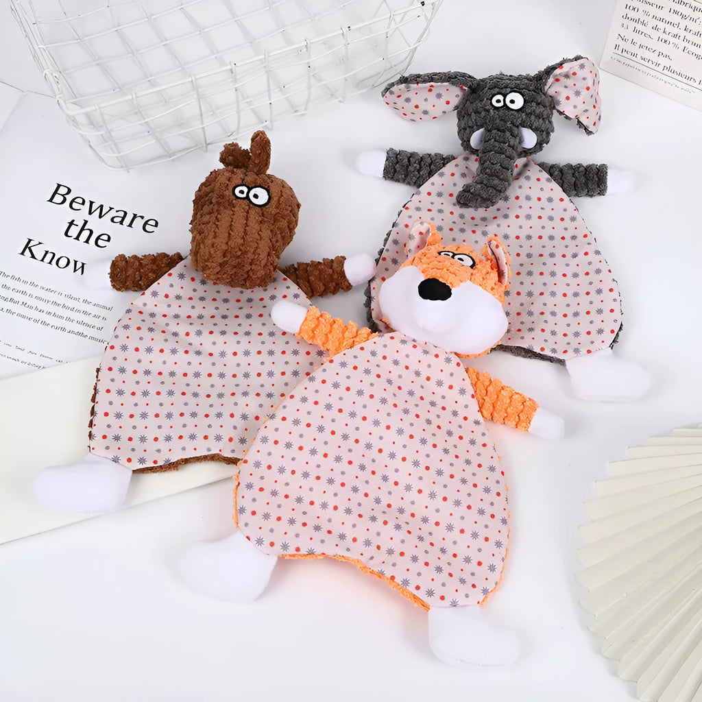 Brown plush fox dog toy with squeaker on a grey background.