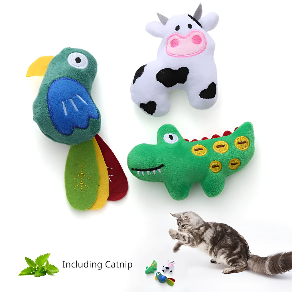 Plush cat toy in the shape of a cow and a parrot, designed for interactive play with catnip.