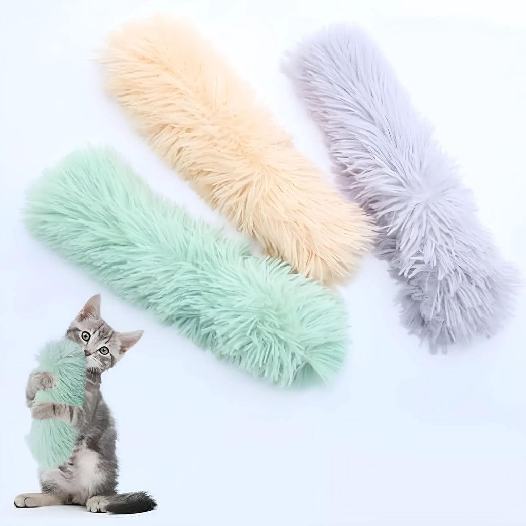 Soft plush interactive cat toy pillow in assorted colours with crinkle sound and catnip filling.