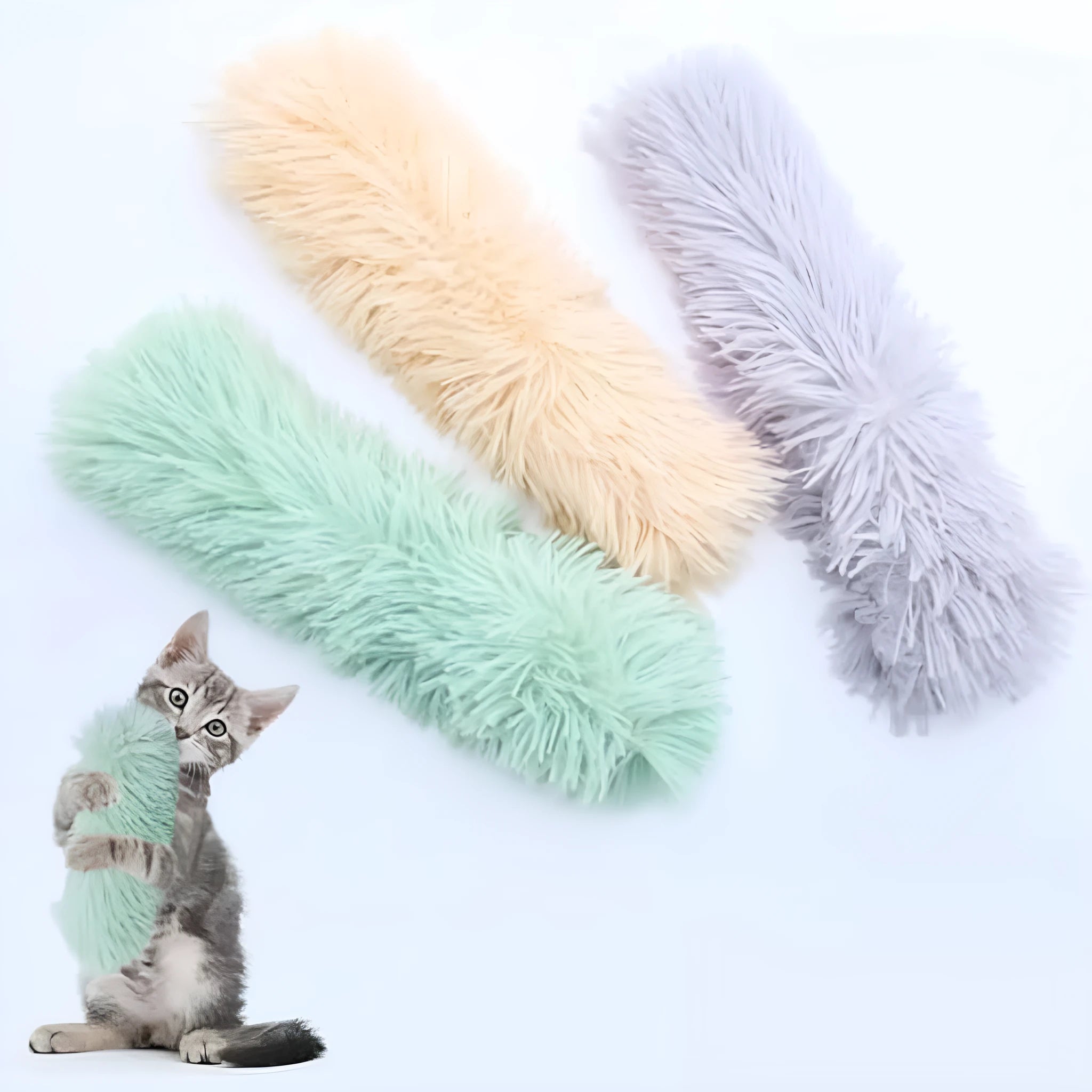 Soft plush interactive cat toy pillow in assorted colours with crinkle sound and catnip filling.