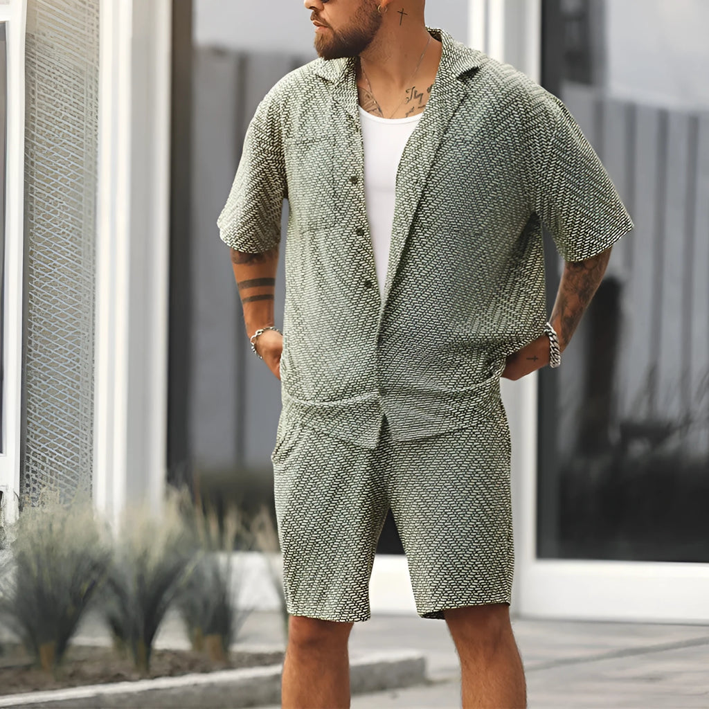 Fashion Individual casual shirt and shorts set in grayish green polyester for men