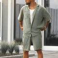 Fashion Individual casual shirt and shorts set in grayish green polyester for men