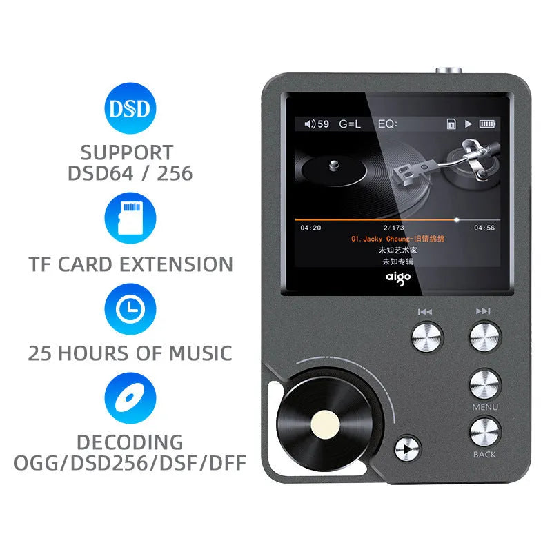 Master HIFI DSD256 lossless music player Silver Grey with push-button controls and 2-inch screen