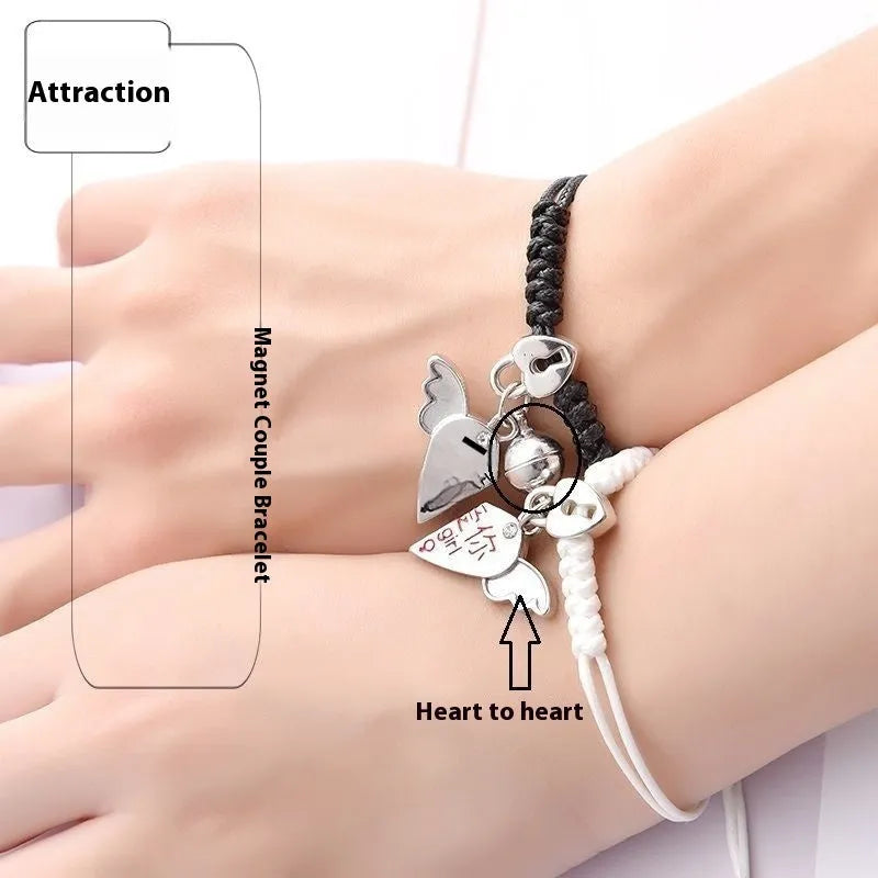 Magnetic couple suction bracelets pair with alloy electroplated finish showing various symbolic designs