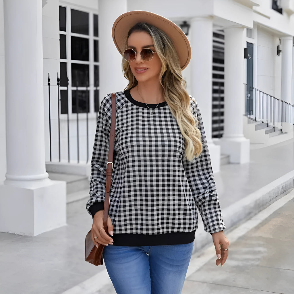Black Japanese sweet plaid pullover long sleeve sweater with striped pattern on polyester fabric