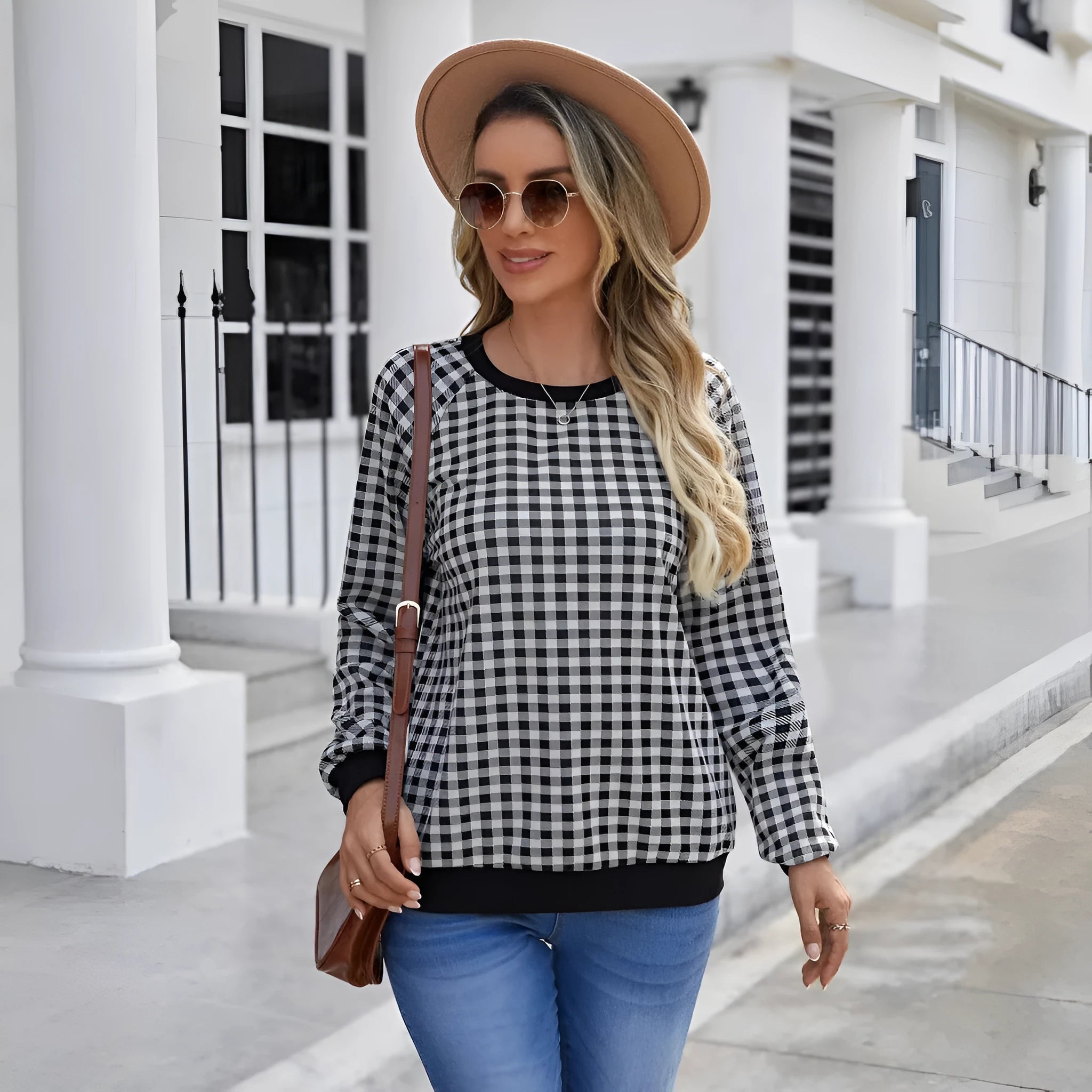 Black Japanese sweet plaid pullover long sleeve sweater with striped pattern on polyester fabric