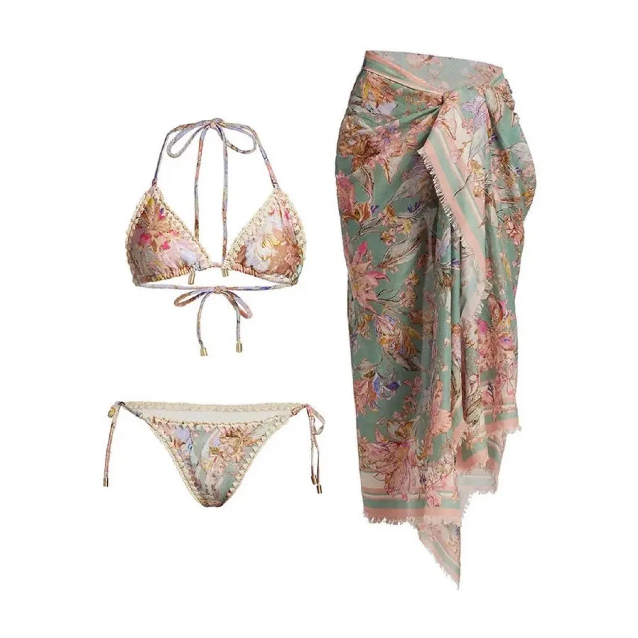 Creamy-white women's floral print bikini set with matching skirt on a hanger.