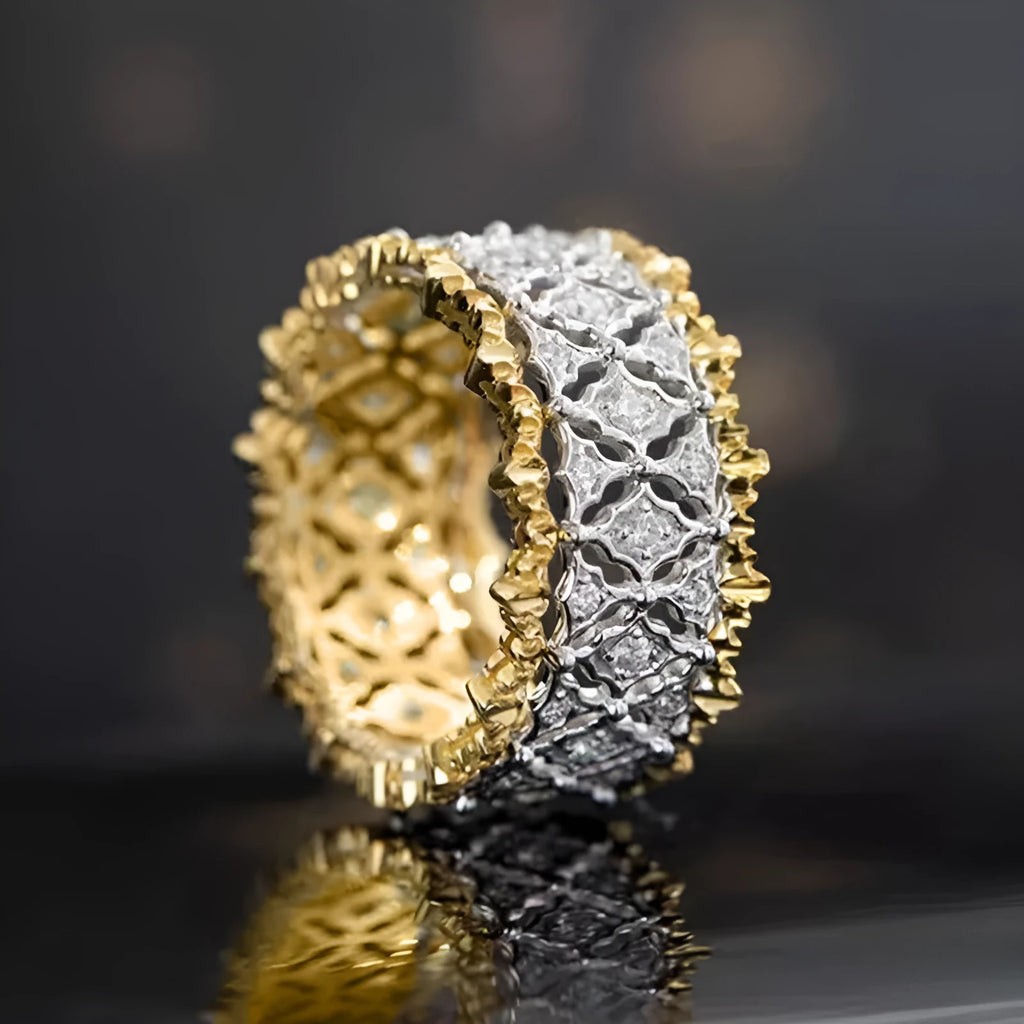 Geometric copper ring with two-tone gold electroplated finish and round zircon detail