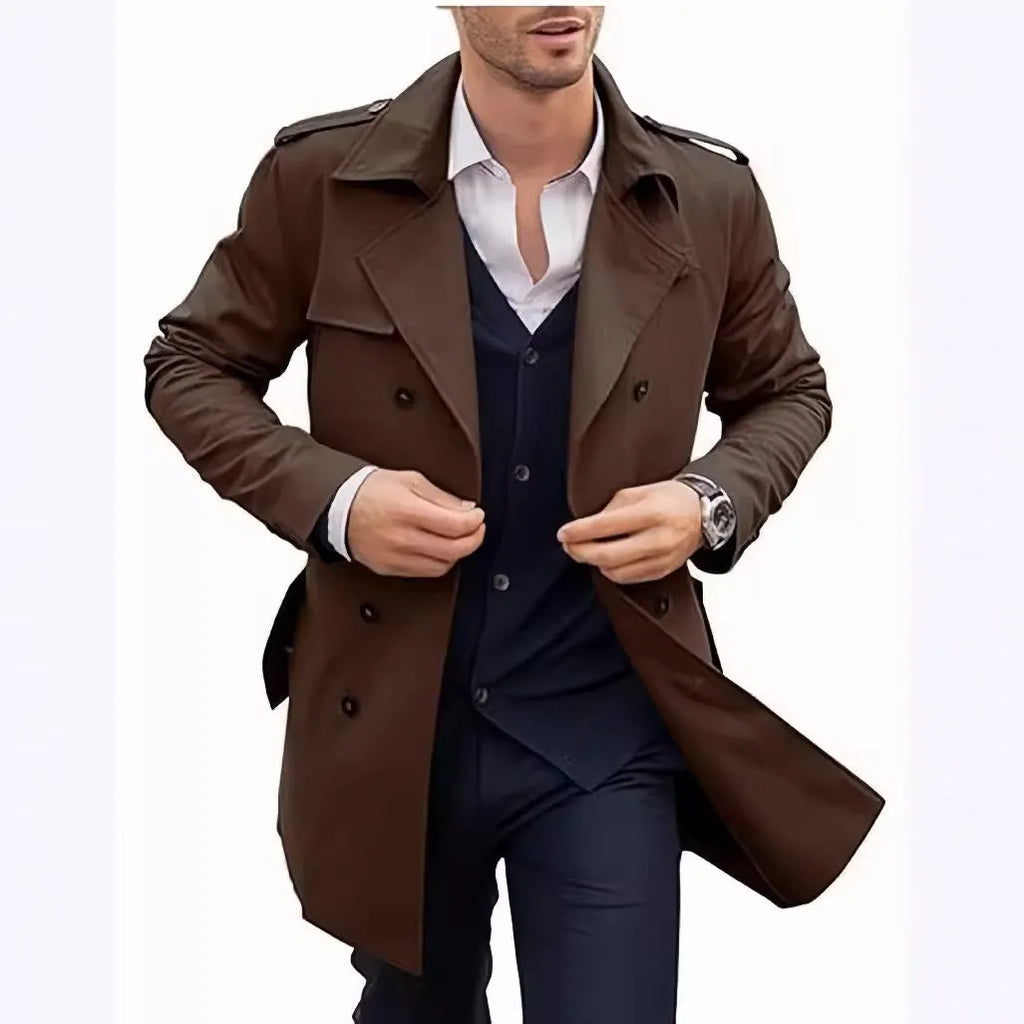Men's double breasted mid-length polyester coat in black front view