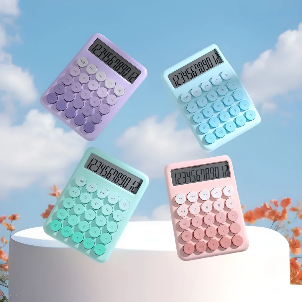 Gradient colour desktop calculator in four colour options on desk