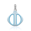 Blue pet nail clipper with a round positioning hole and non-slip handle on a white background.