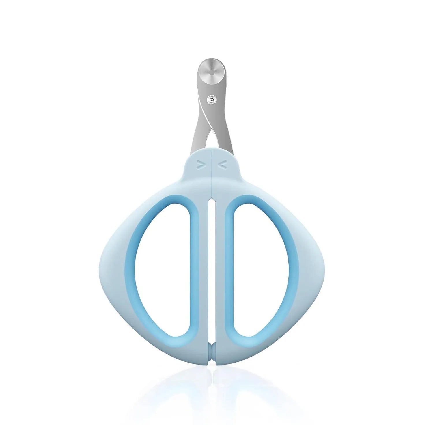 Blue pet nail clipper with a round positioning hole and non-slip handle on a white background.