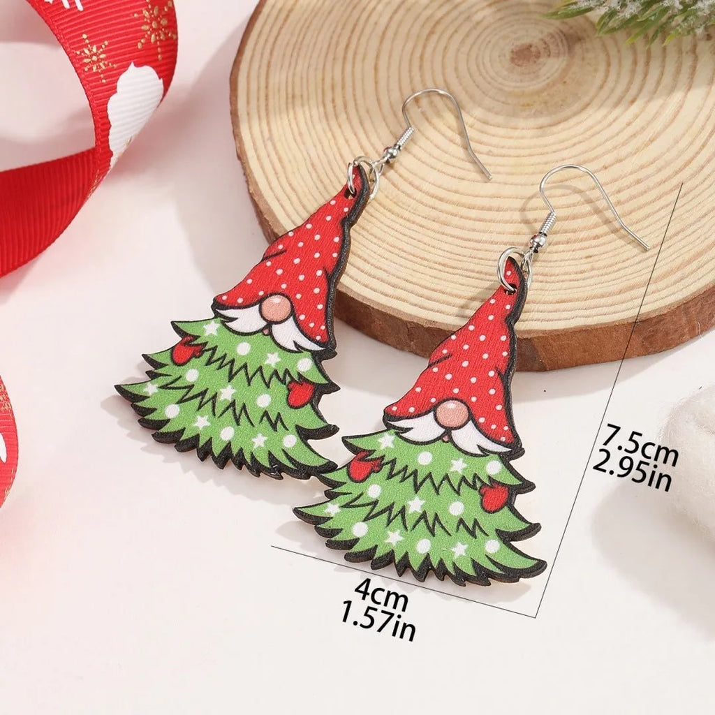 Wooden Christmas earrings showing Christmas tree design and water drop snowman design with festive printing