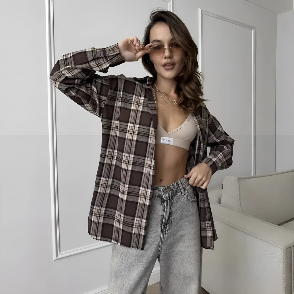 Dark brown striped women's long sleeve shirt in retro style, shown with and without a chest pocket.