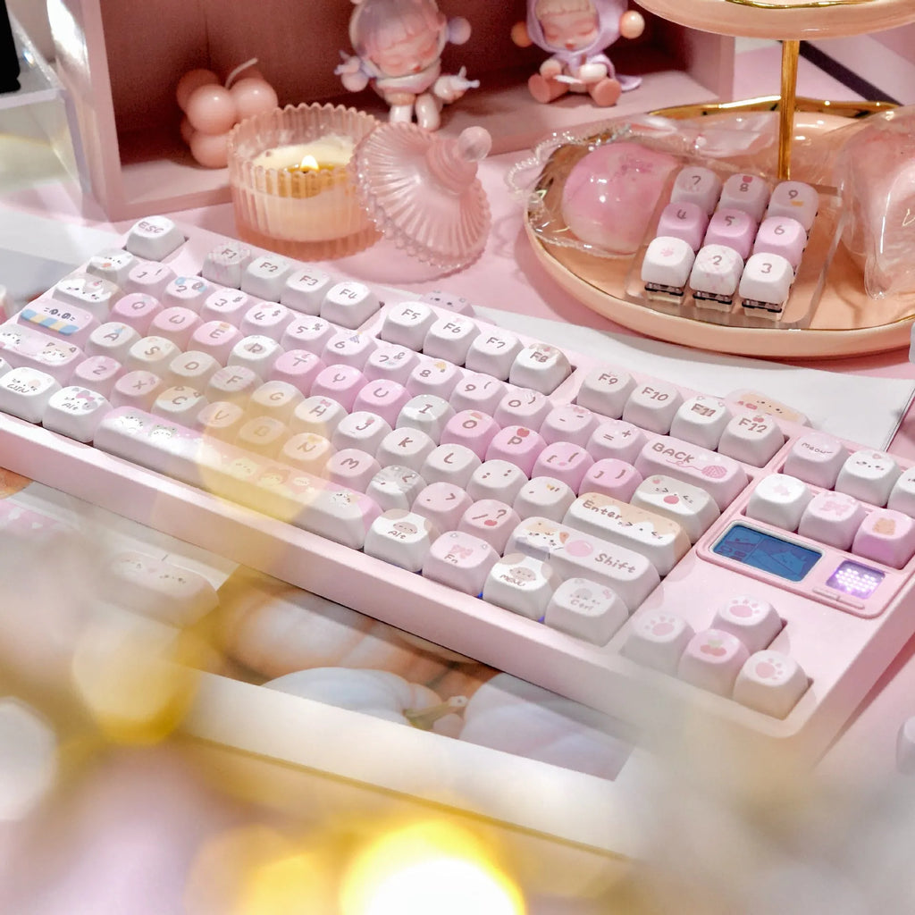 Pink MOA height key caps with cartoon artwork printed on all five sides for mechanical keyboard customisation