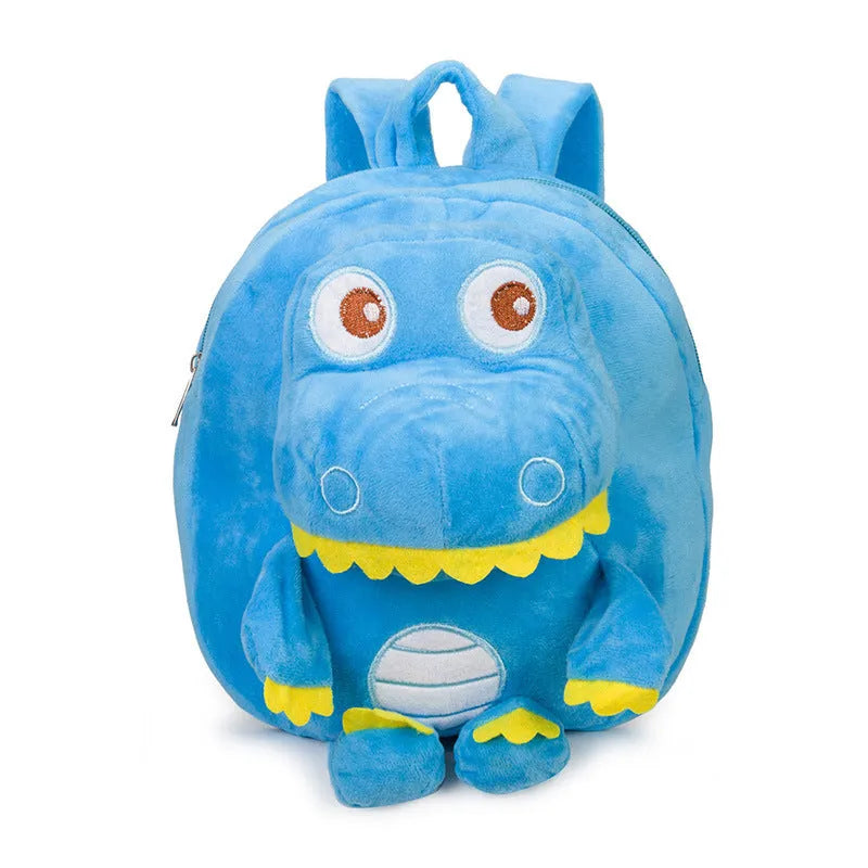 Soft blue dinosaur plush backpack for children with embroidered details and a soft handle.