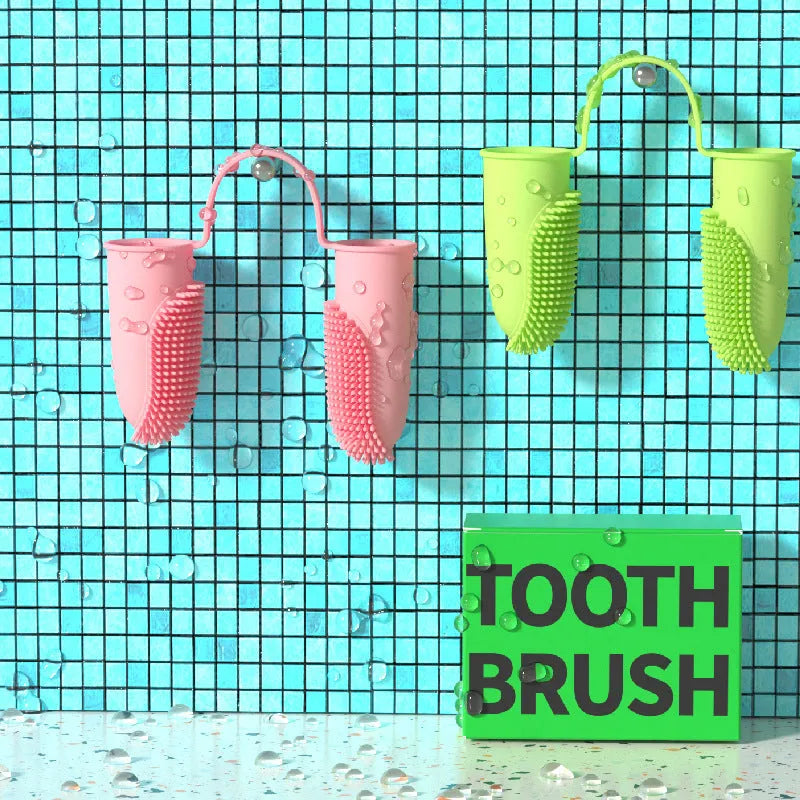 Pet dental cleaning finger brush set in pink, blue green and grass yellow with double finger design and TPR bristles