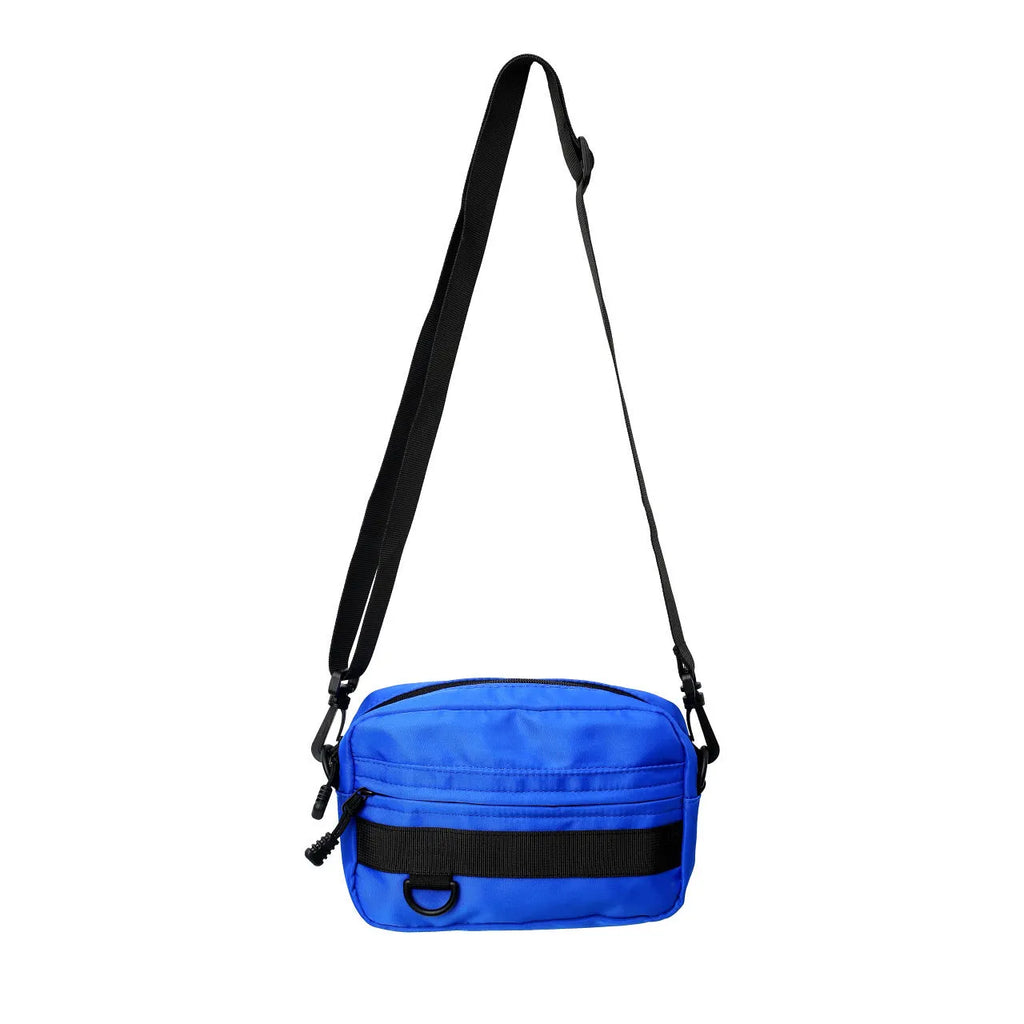 Men's black nylon messenger bag with sewing thread details measuring 22cm length for daily crossbody wear