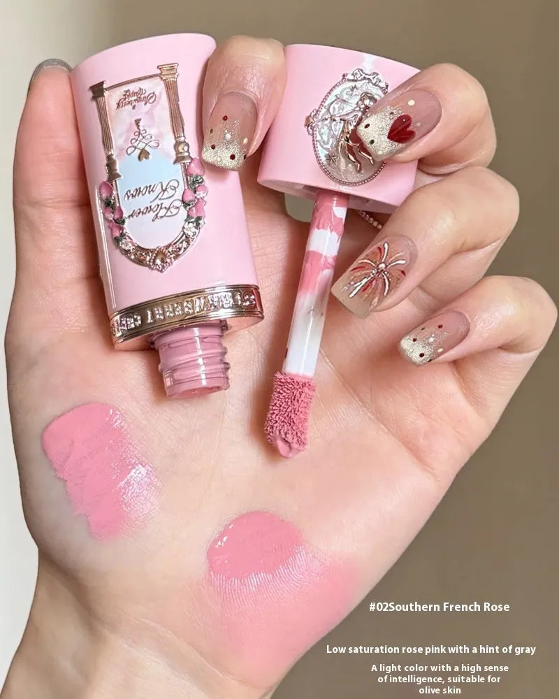 Cupid Series Liquid Blush bottle in one of six shades, showcasing its liquid formula on a hand swatch.