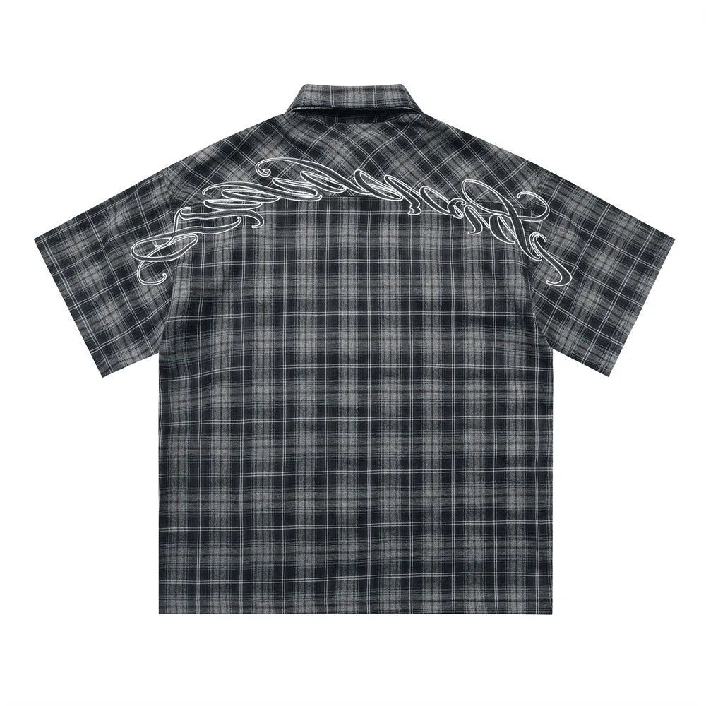 Men's black plaid short sleeve shirt with embroidered letter on lapel, loose fit casual style