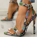 Blue women's high heels with buckle closure and hollow-out design in sizes 34-43