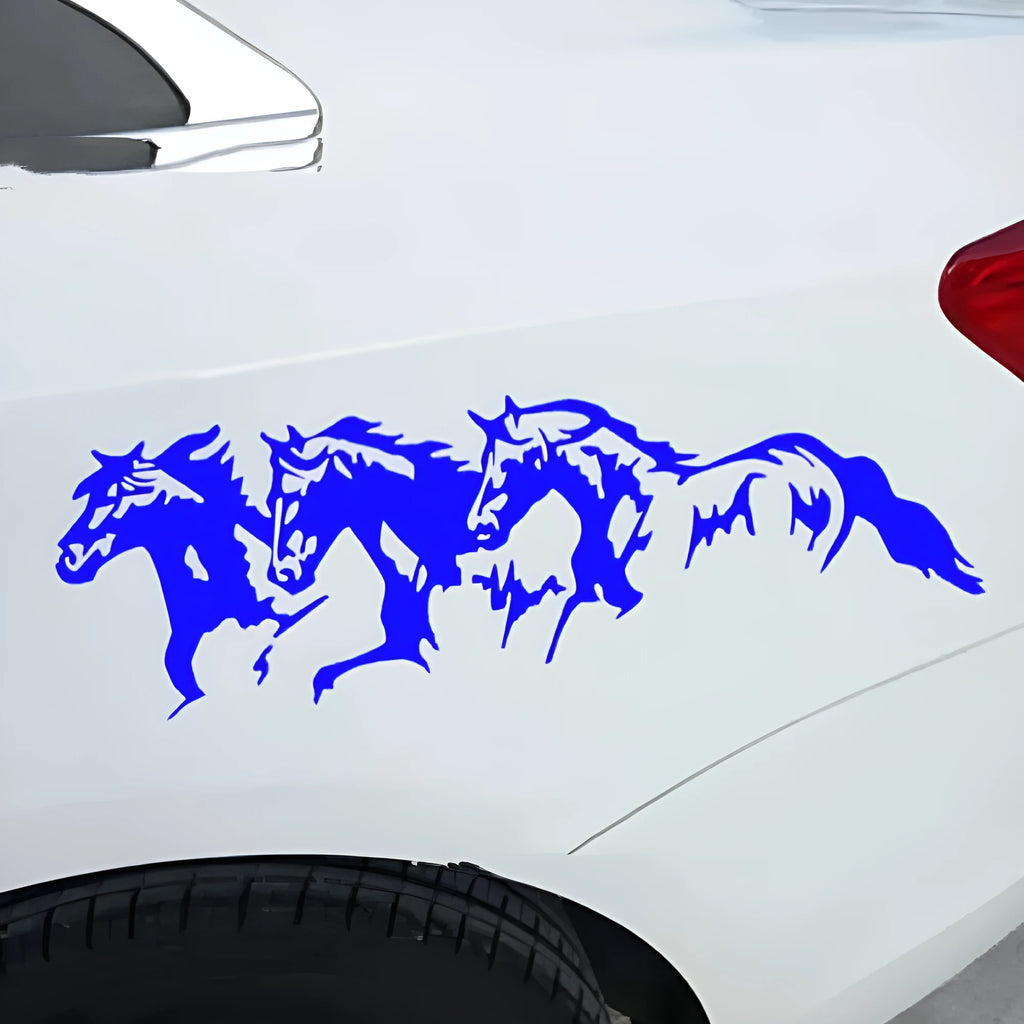 Three Horses steed design car decal sticker measuring 25 by 8cm in black, white, blue, or red colours
