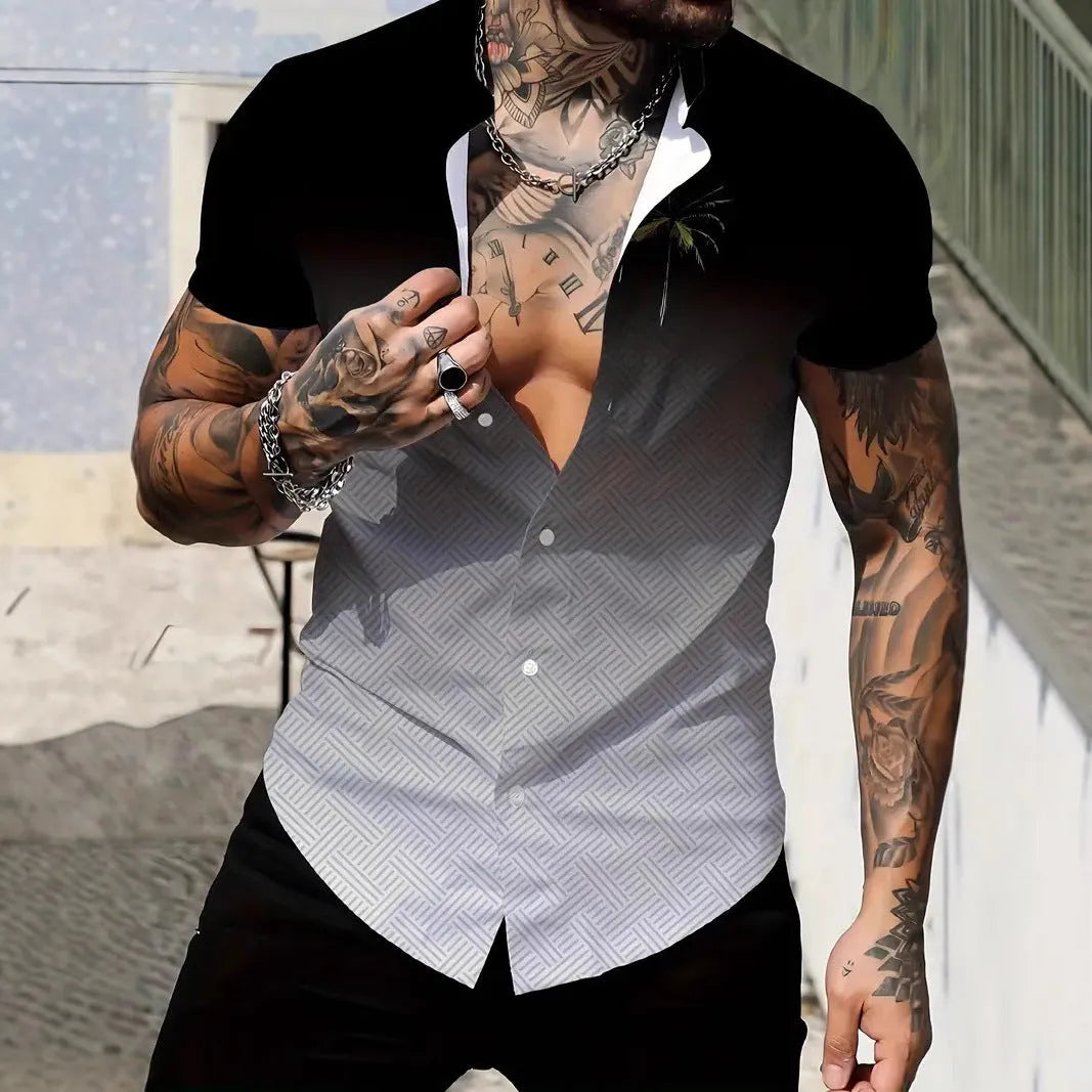 Men's slim fit short sleeve shirt featuring a geometric line style print on a polyester fabric.