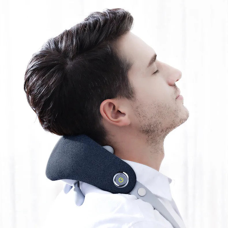 Dark blue rechargeable neck massager with imitation hand grip for home use on a neutral background