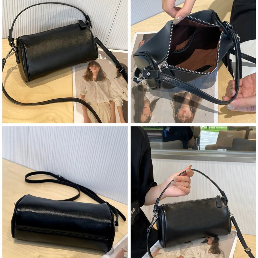 Genuine leather cylindrical crossbody phone bag in vegetable-tanned leather with single shoulder strap