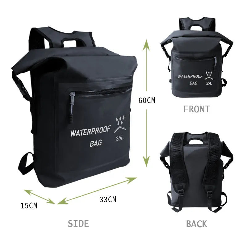Black 25 litre waterproof outdoor backpack for swimming and rafting