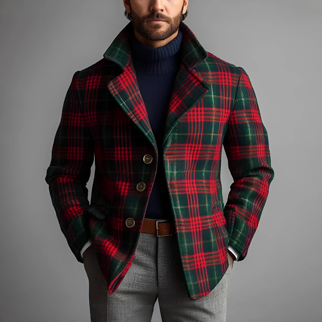 Men's red striped slim fit winter jacket with patch pockets, cotton blend, long sleeves