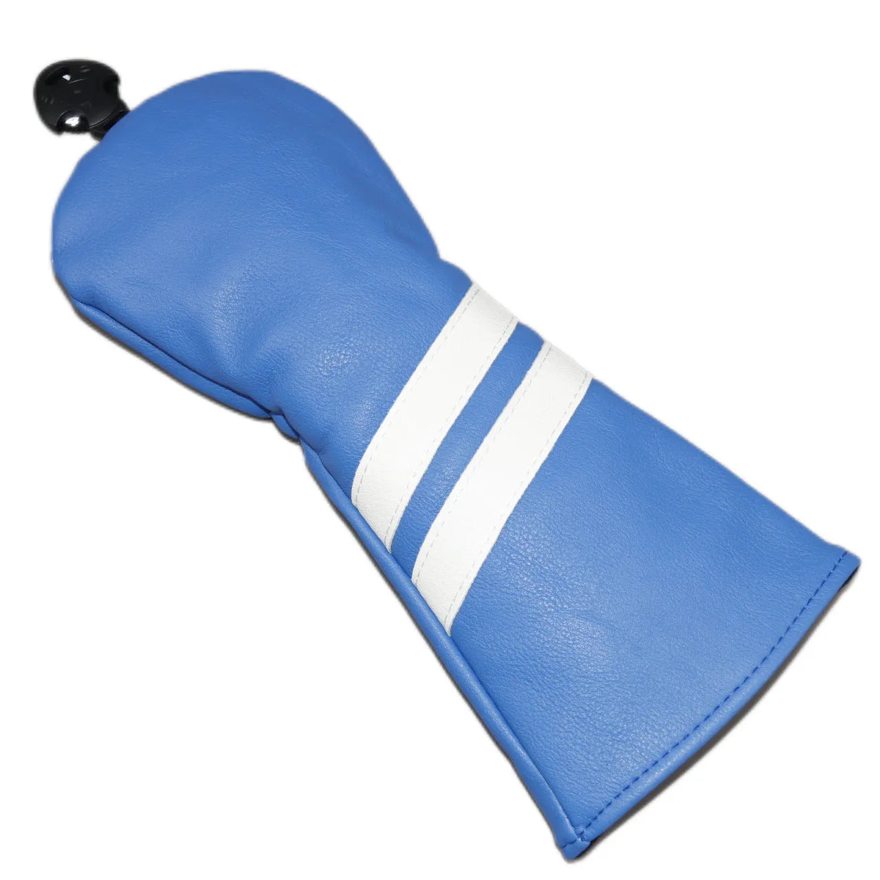 Golf club head cover with two oblique stripes in blue colour showing size dimensions