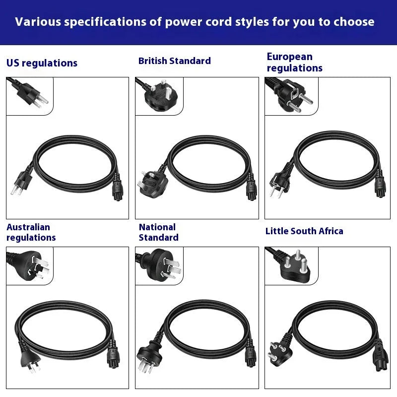 Black 65W Type-C laptop power adapter with six international power cords for worldwide charging