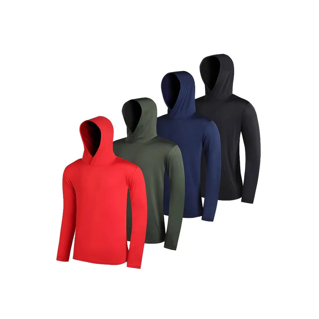 Four men's lightweight polyester hoodies folded showing different colours and both hooded and non-hooded styles