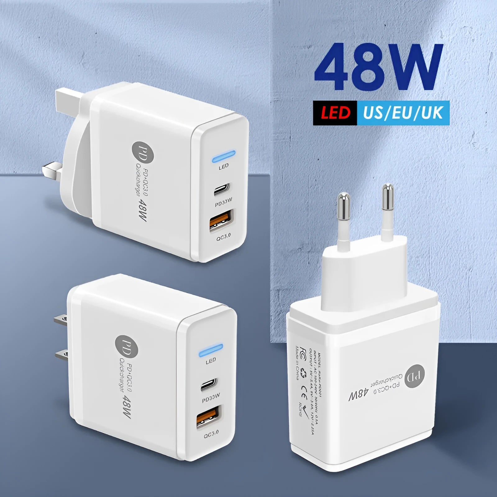 PD48W fast charging travel charger with GaN technology showing black and white options for US, UK, EU socket types