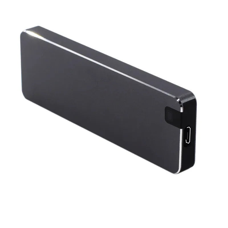White portable SSD hard drive with metal casing measuring 0.6cm × 3.2cm × 1cm with USB 3.1 cable