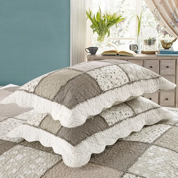 Pure cotton quilted bedspread and two pillowcases laid flat, showing textured fabric and Korean-style design.
