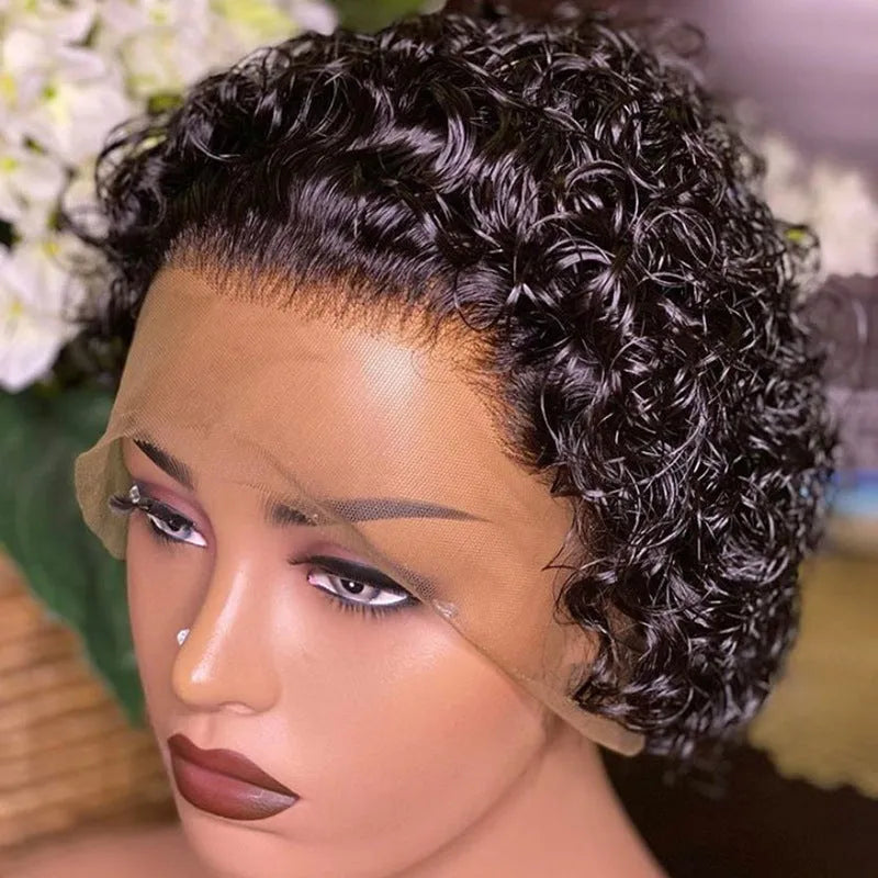 Black 13x1 human hair pixie wig with lace base for daily wear