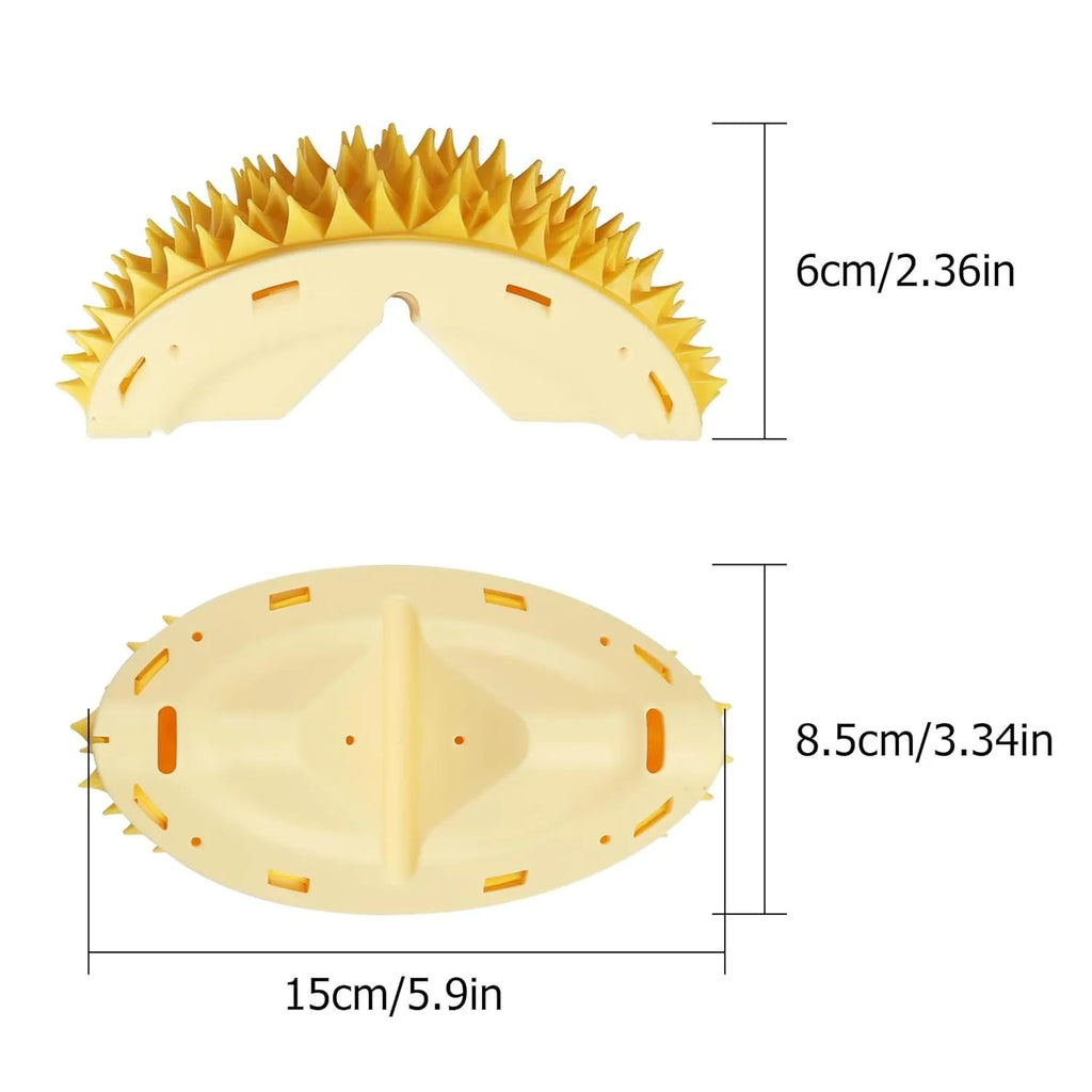 Yellow durian shaped cat corner scratcher mounted on a wall with adhesive backing