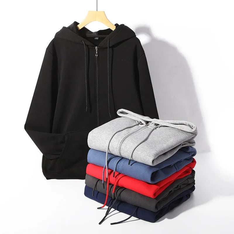 Men's plus size zipper hooded sweater in charcoal grey, showing front zipper and top stitching pockets