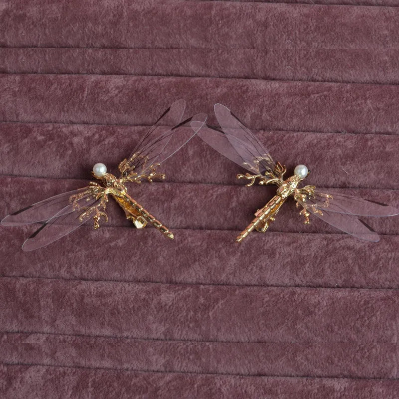 Gold dragonfly side clip headdress with detailed alloy construction and electroplated finish