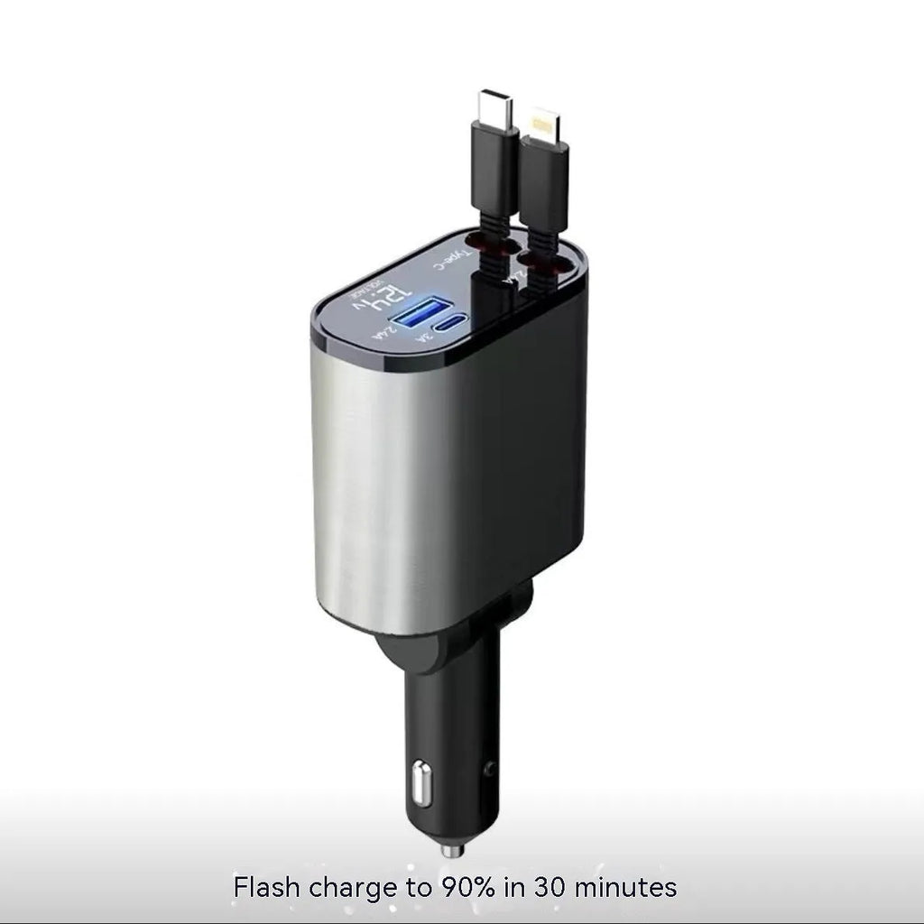 Automatic retractable 120W universal car charger with Type-C connectors for Apple and Huawei devices