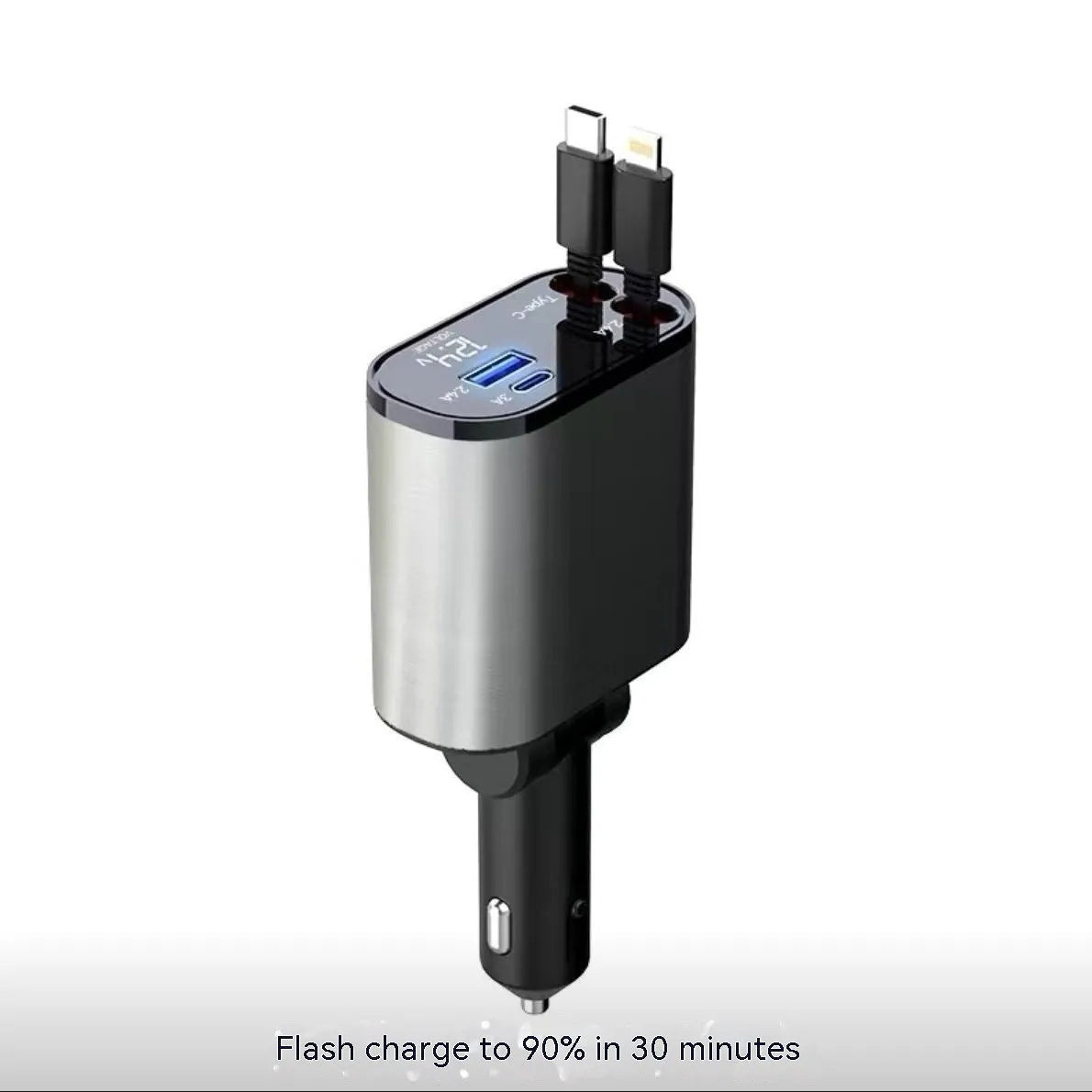 Automatic retractable 120W universal car charger with Type-C connectors for Apple and Huawei devices