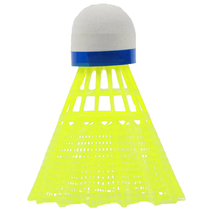 Luminous badminton shuttlecock with green glow, nylon construction, lying on court surface