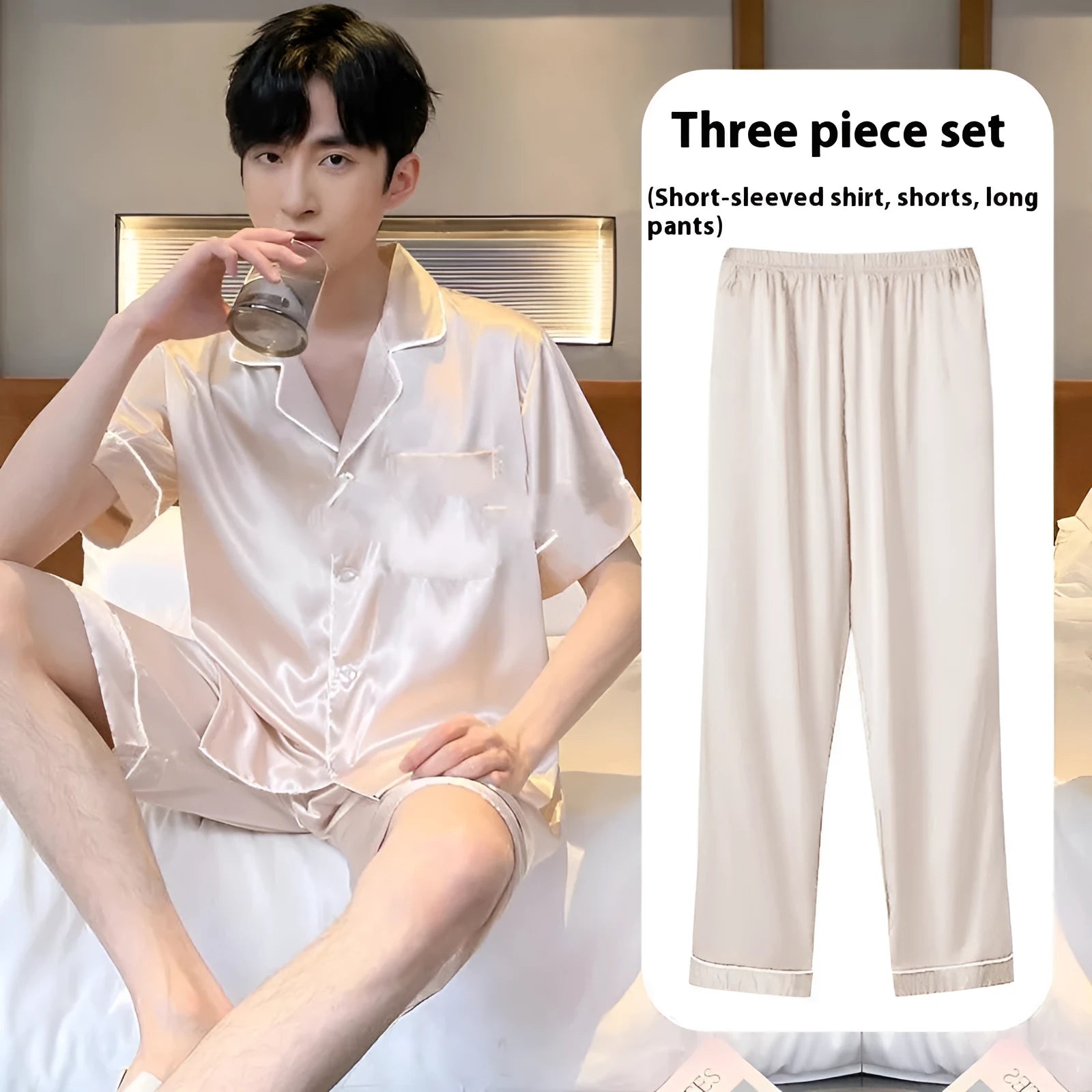 Men's ice silk three-piece home wear set with top, shorts, and trousers in multiple colours