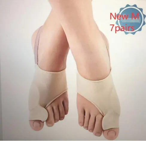 Corrective bunion sock with silicone gel toe separator shown in sizes S, M, and L on a foot diagram.