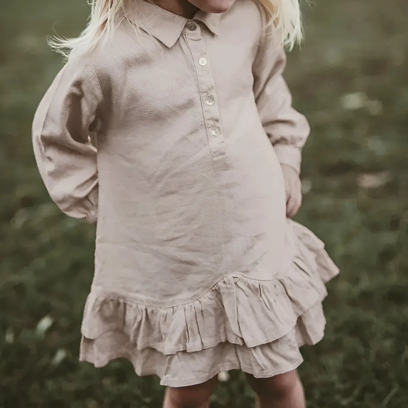 Children's cotton linen long sleeve dress with shirt collar and double-layer ruffled skirt in solid Hemp colour